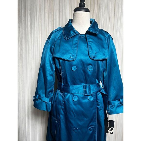 Nine West NWT Vibe Blue Silky Trench Coat Size Large - Picture 2 of 6
